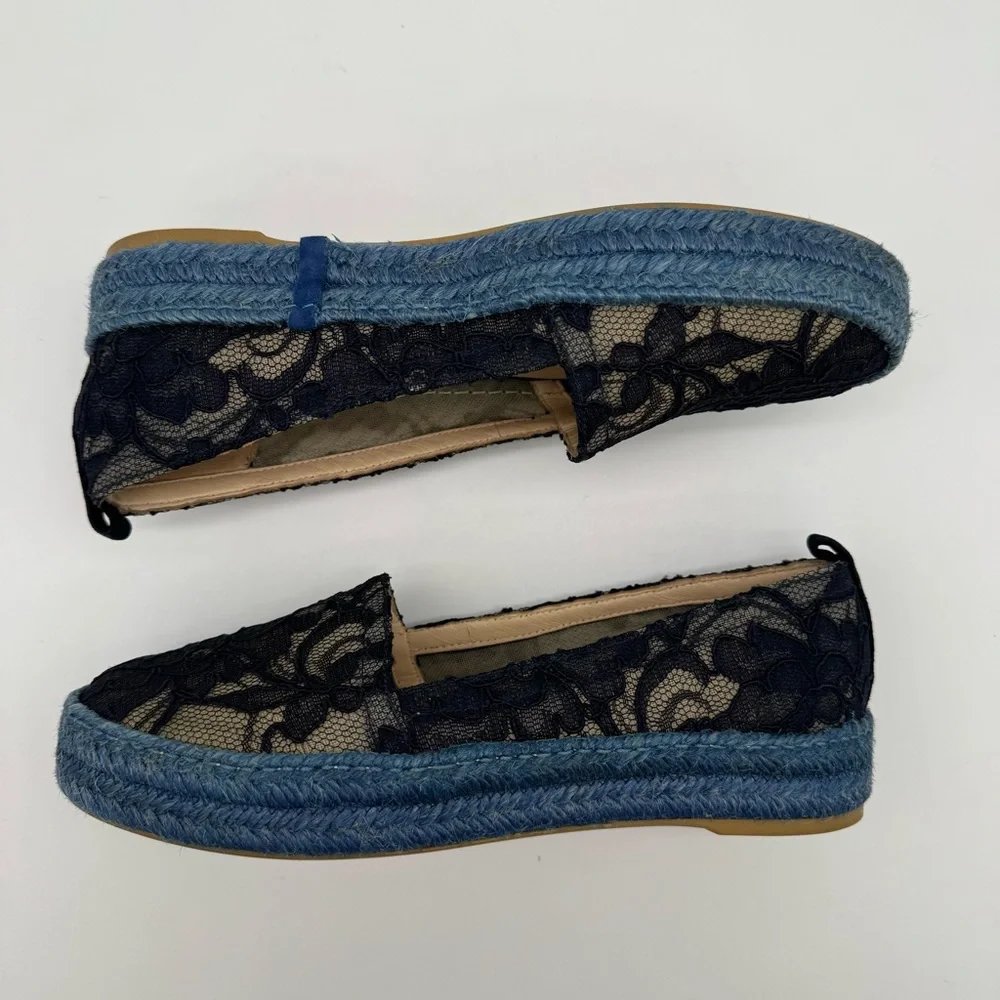 Stuart Weitzman Meshuga Navy Blue Floral Lace Espadrille Flats Size 5.5-6